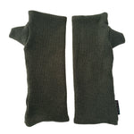 Kenzie wristwarmers front view – upcycled rib knit sustainable accessory. Pair of dark green ribbed arm warmers on a white background