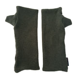 Kenzie wristwarmers front view – upcycled rib knit sustainable accessory. Pair of dark green ribbed arm warmers on a white background