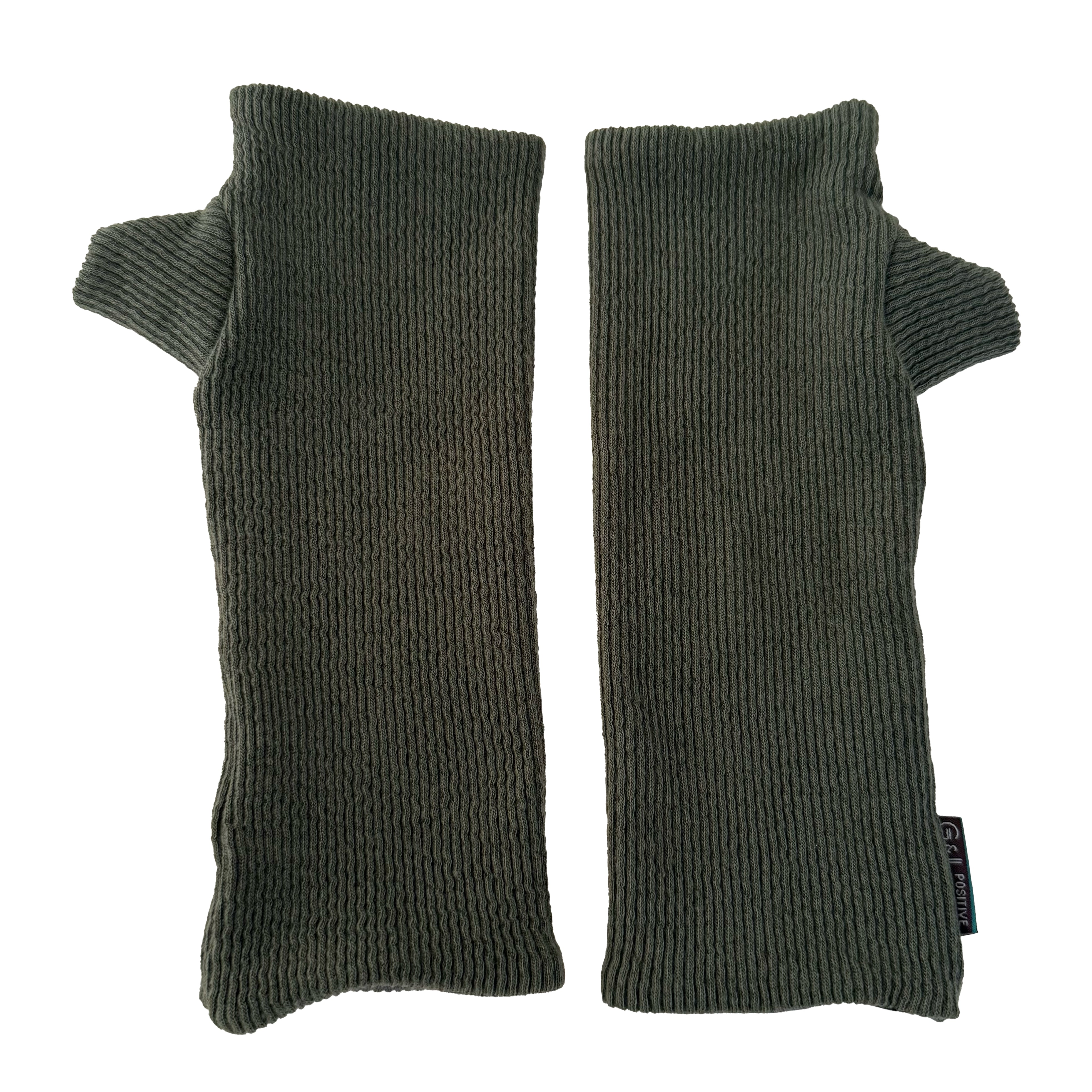 Kenzie wristwarmers front view – upcycled rib knit sustainable accessory. Pair of dark green ribbed arm warmers on a white background