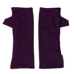 Kenzie wristwarmers front view – upcycled rib knit sustainable accessory. Pair of purple ribbed arm warmers on a white background