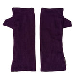 Kenzie wristwarmers front view – upcycled rib knit sustainable accessory. Pair of purple ribbed arm warmers on a white background