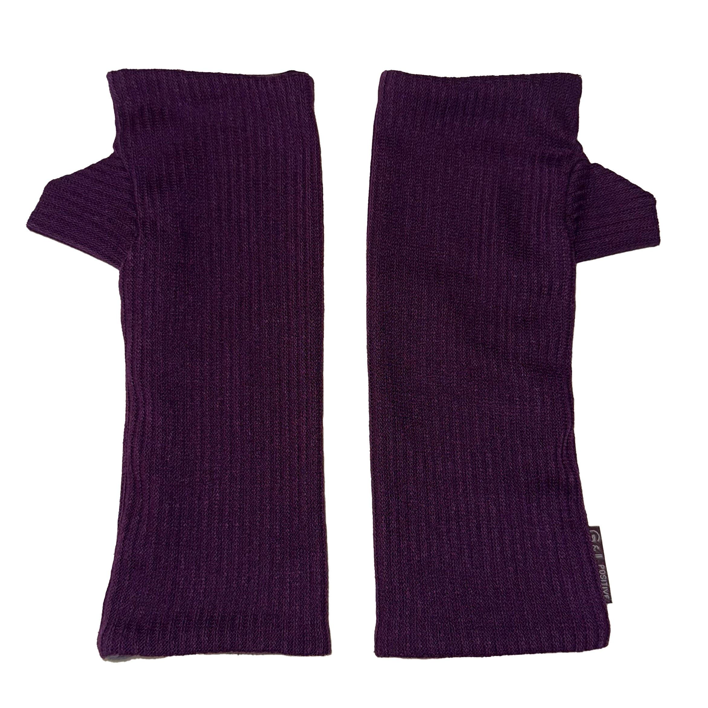Kenzie wristwarmers front view – upcycled rib knit sustainable accessory. Pair of purple ribbed arm warmers on a white background