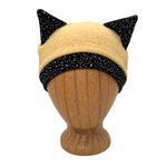 Kritter Beanie in golden yellow and black  and white speckles - front view – recycled cotton beanie with cat ears