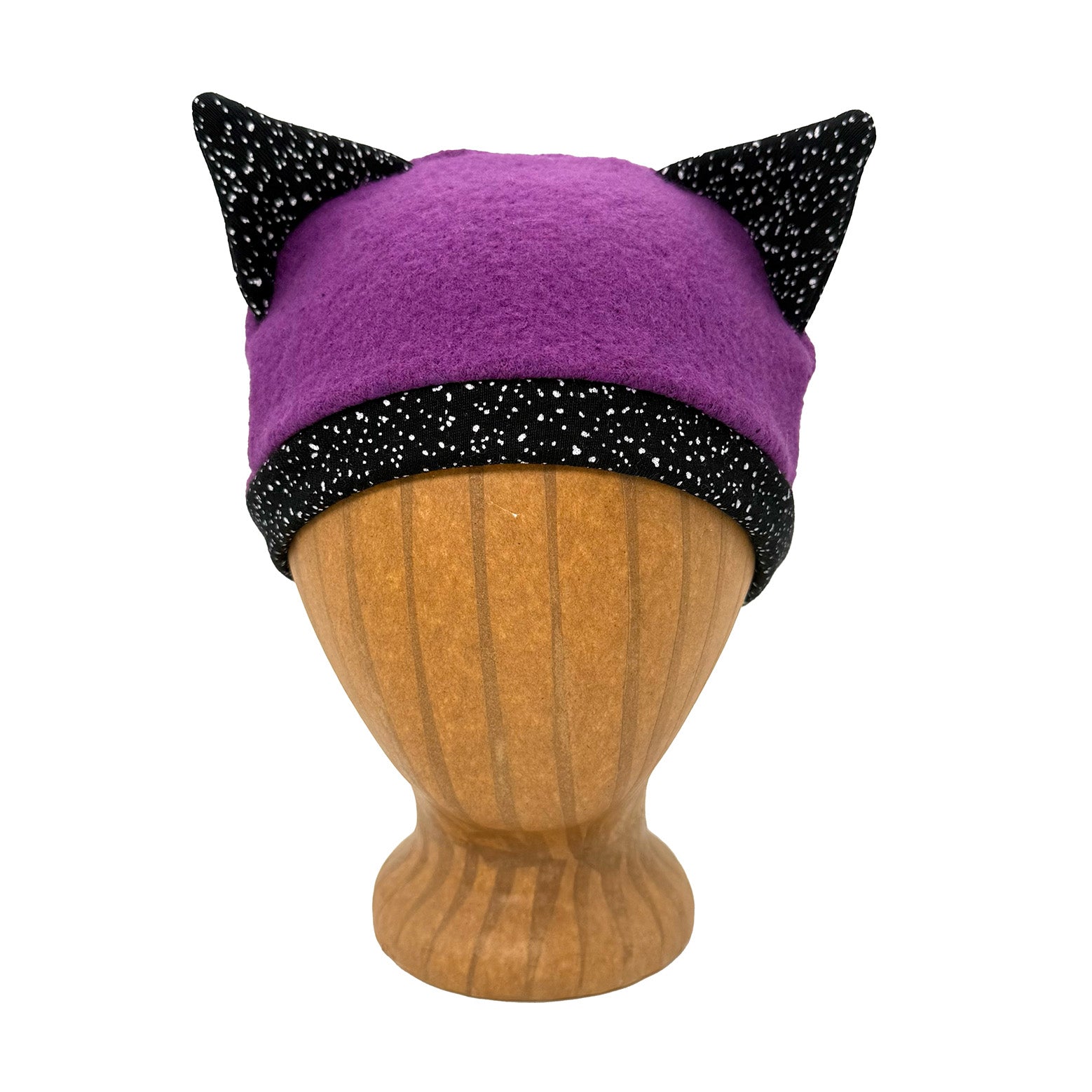 Kritter Beanie in magenta and black  and white speckles - front view – recycled cotton beanie with cat ears