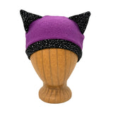 Kritter Beanie in magenta and black  and white speckles - front view – recycled cotton beanie with cat ears
