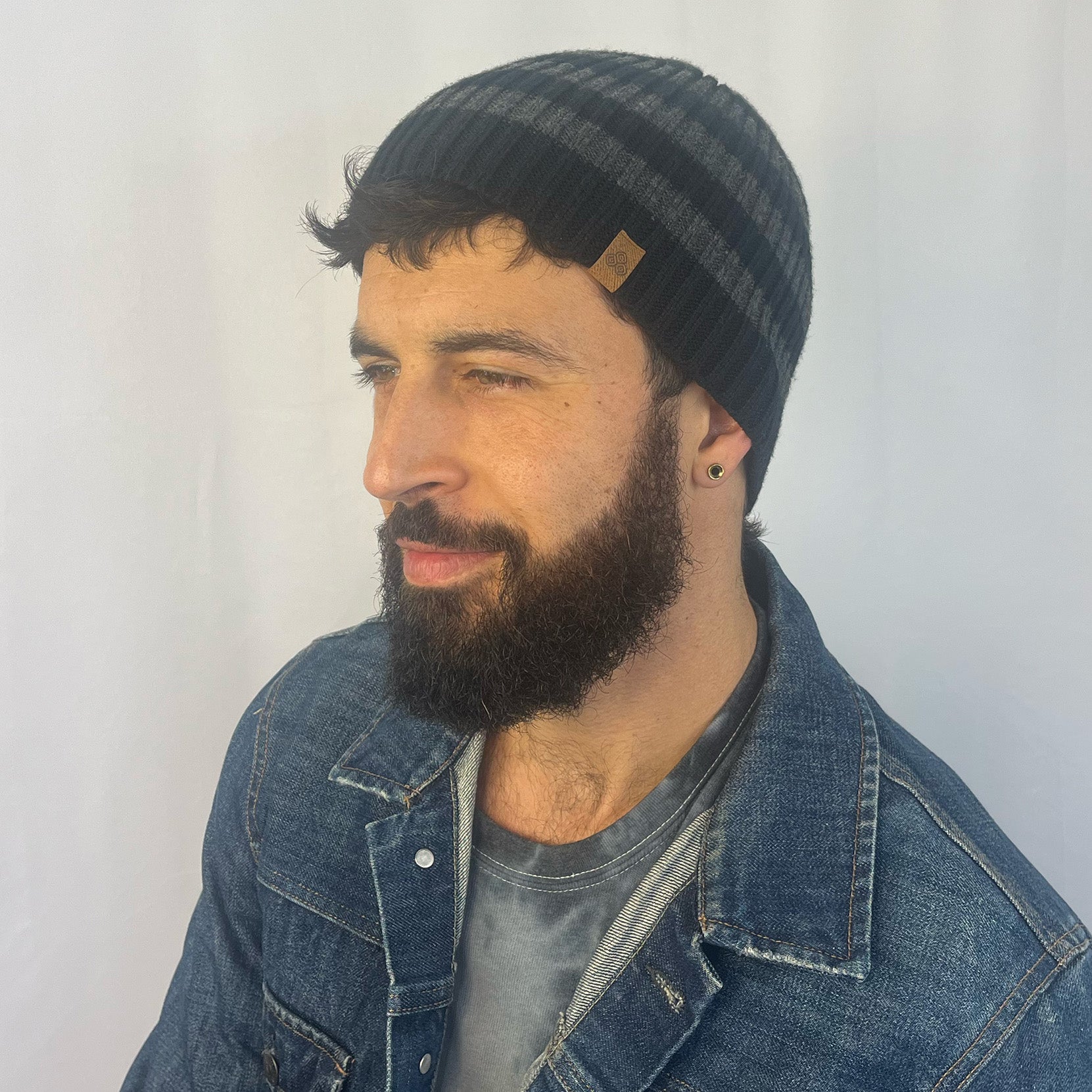 Man wearing a beanie and denim jacket against a plain background  Lucky Beanie 