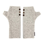 A pair of light gray and white heathered knit fingerless gloves with three dark brown buttons on the back, displayed flat against a white background.