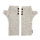 A pair of light gray and white heathered knit fingerless gloves with three dark brown buttons on the back, displayed flat against a white background.