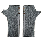 Mary Jane wrist warmers front view – upcycled cotton rayon blend with coconut buttons  black and grey vertical stripes