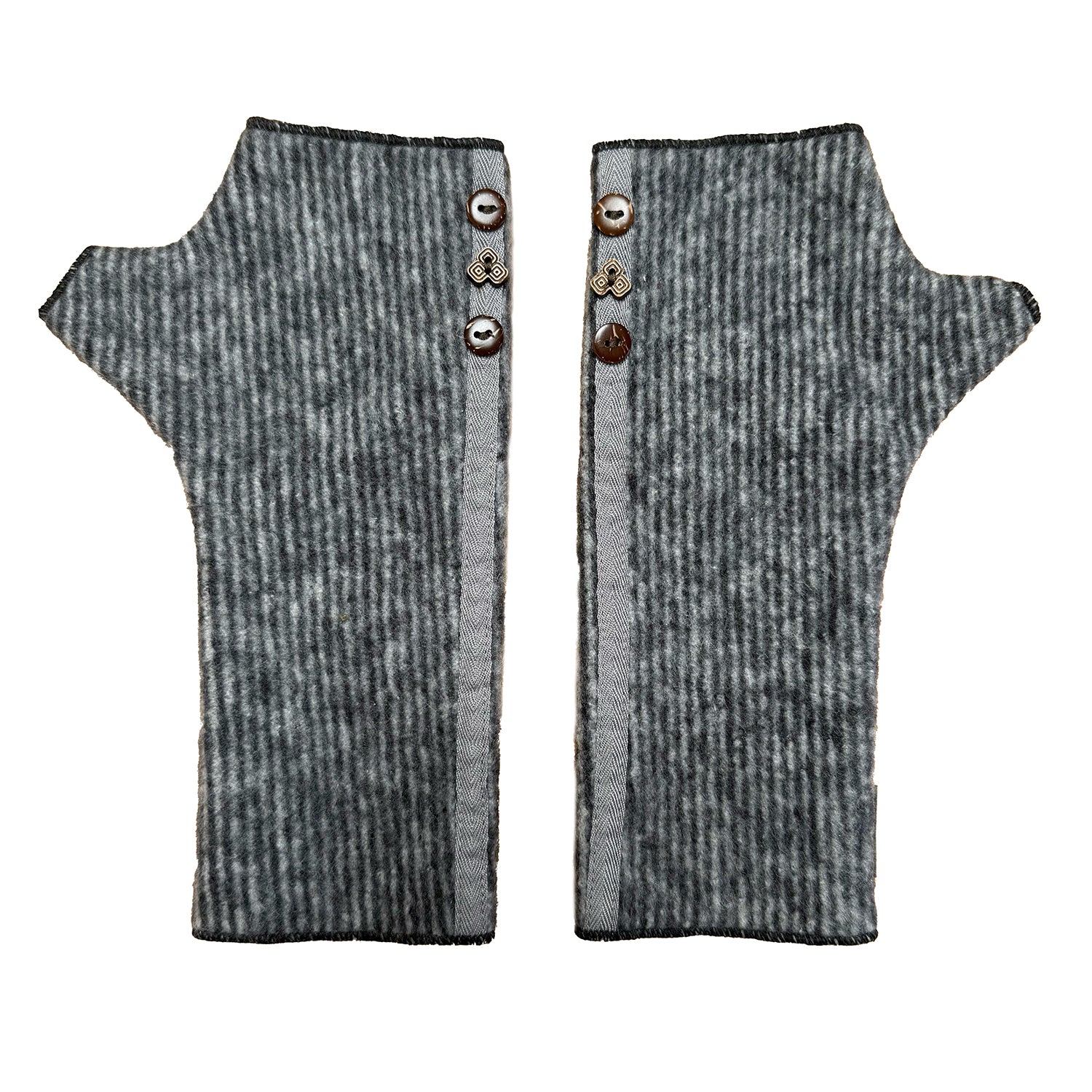 Mary Jane wrist warmers front view – upcycled cotton rayon blend with coconut buttons  black and grey vertical stripes