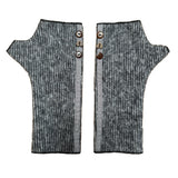 Mary Jane wrist warmers front view – upcycled cotton rayon blend with coconut buttons  black and grey vertical stripes