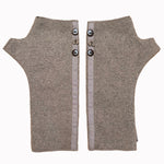 Mary Jane wrist warmers front view – upcycled cotton rayon blend with coconut buttons - Khaki color
