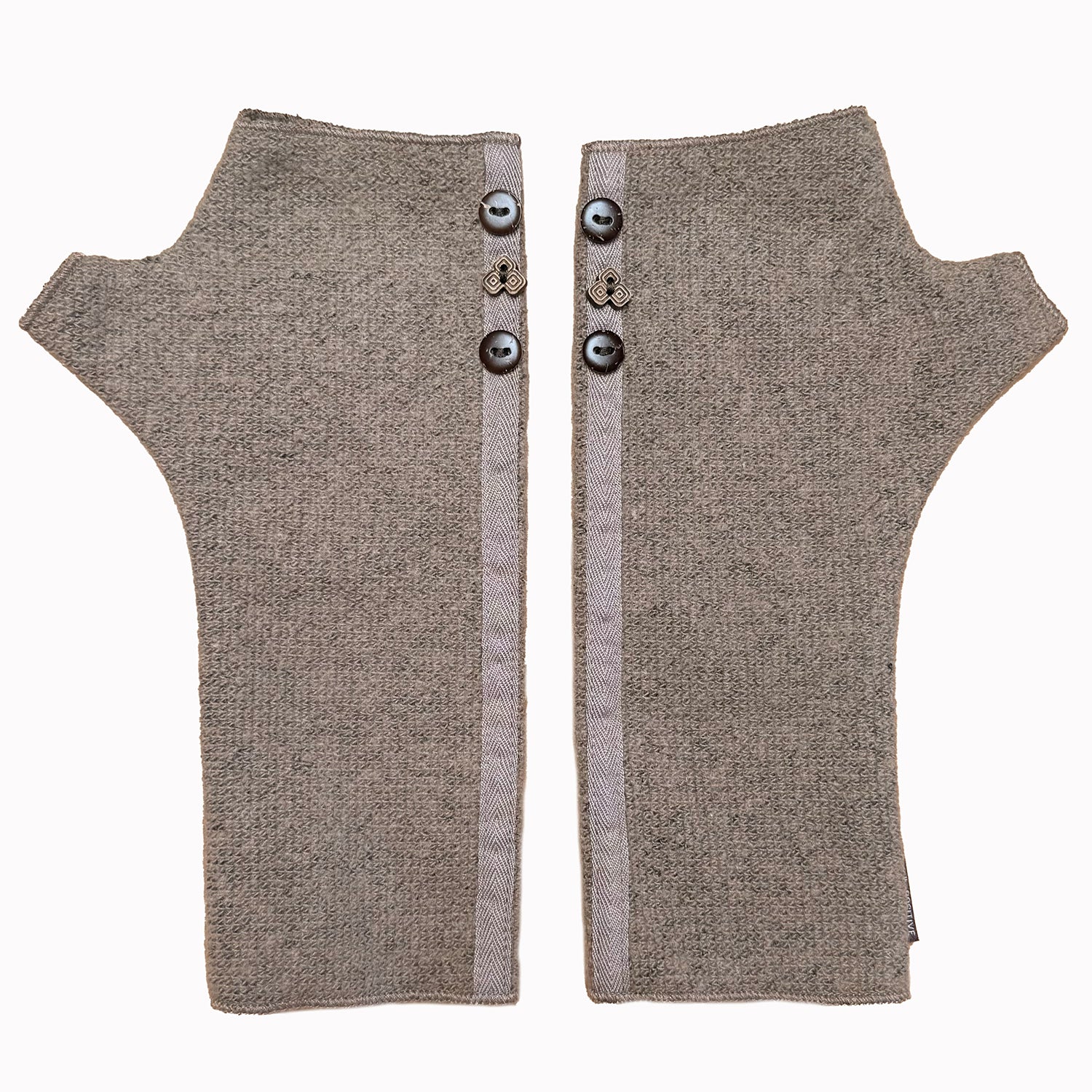 Mary Jane wrist warmers front view – upcycled cotton rayon blend with coconut buttons - Khaki color
