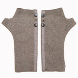 Mary Jane wrist warmers front view – upcycled cotton rayon blend with coconut buttons - Khaki color
