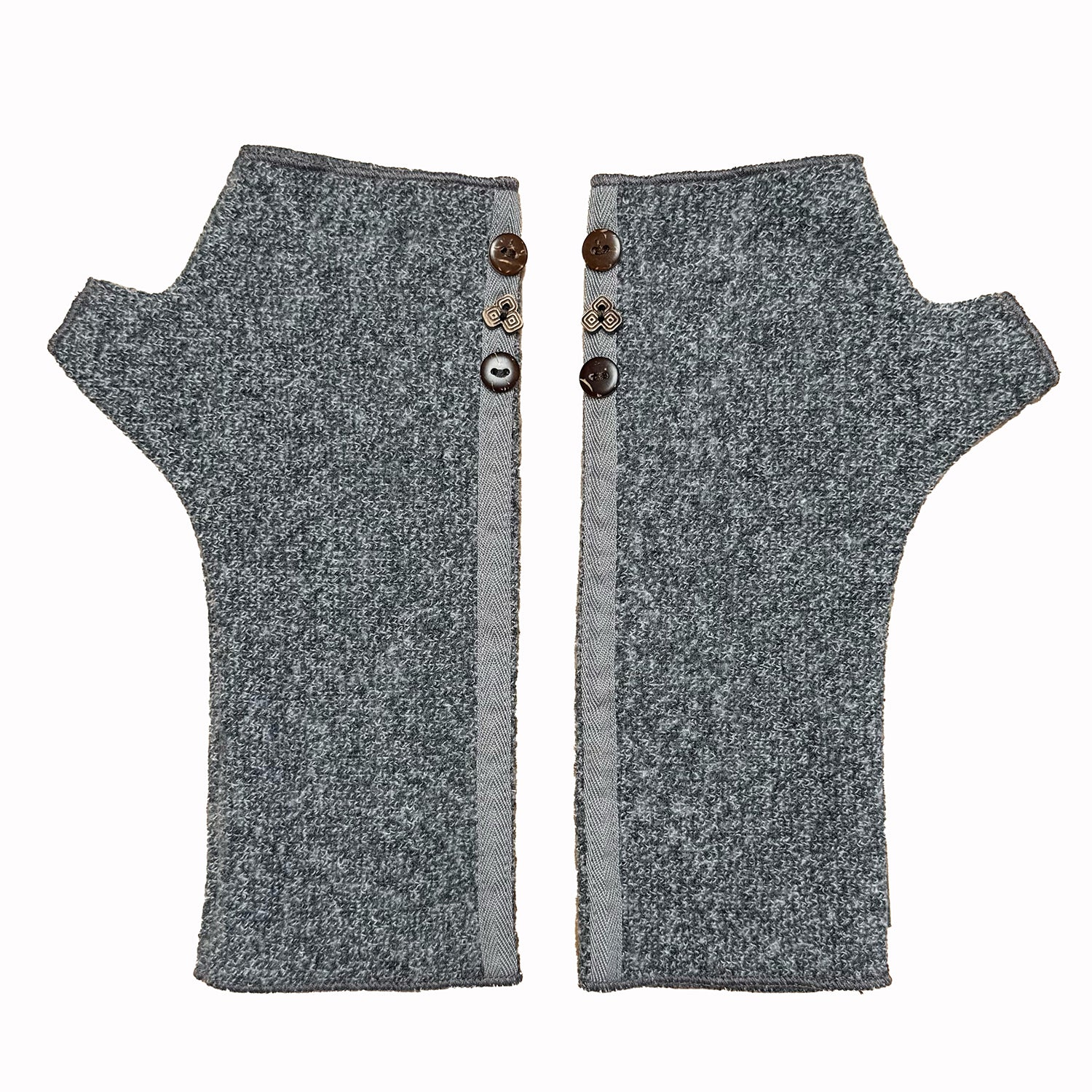Mary Jane wrist warmers front view – upcycled cotton rayon blend with coconut buttons -  Grey and black marl