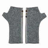 Mary Jane wrist warmers front view – upcycled cotton rayon blend with coconut buttons -  Grey and black marl