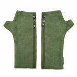Mary Jane wrist warmers front view – upcycled cotton rayon blend with coconut buttons