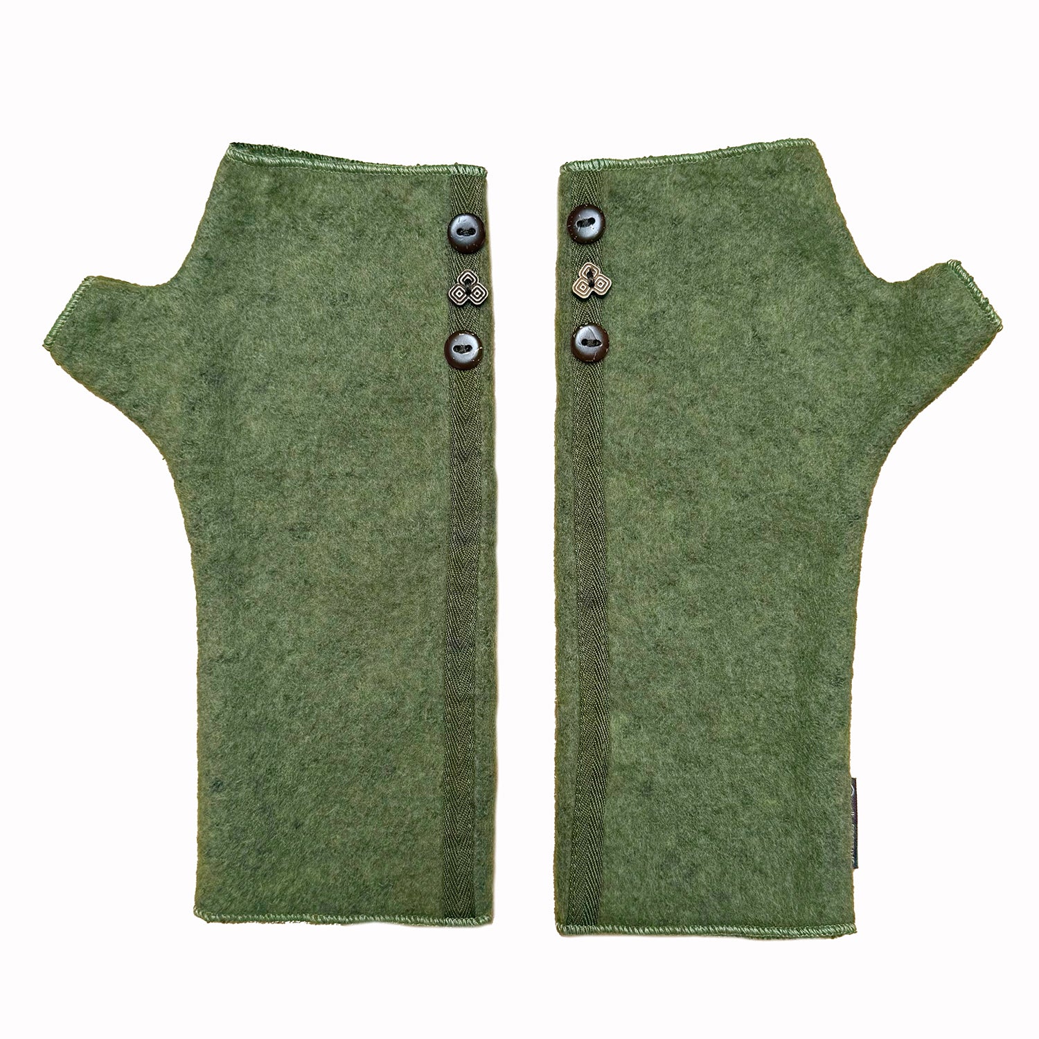 Mary Jane wrist warmers front view – upcycled cotton rayon blend with coconut buttons