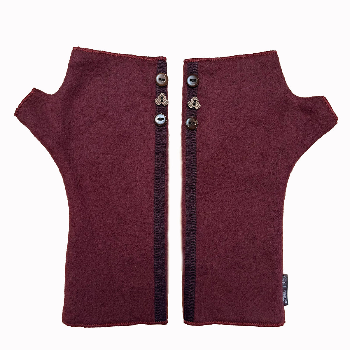 Mary Jane wrist warmers front view – upcycled cotton rayon blend with coconut buttons - burgundy color