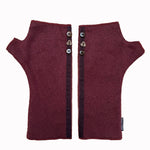 Mary Jane wrist warmers front view – upcycled cotton rayon blend with coconut buttons - burgundy color