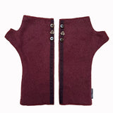 Mary Jane wrist warmers front view – upcycled cotton rayon blend with coconut buttons - burgundy color