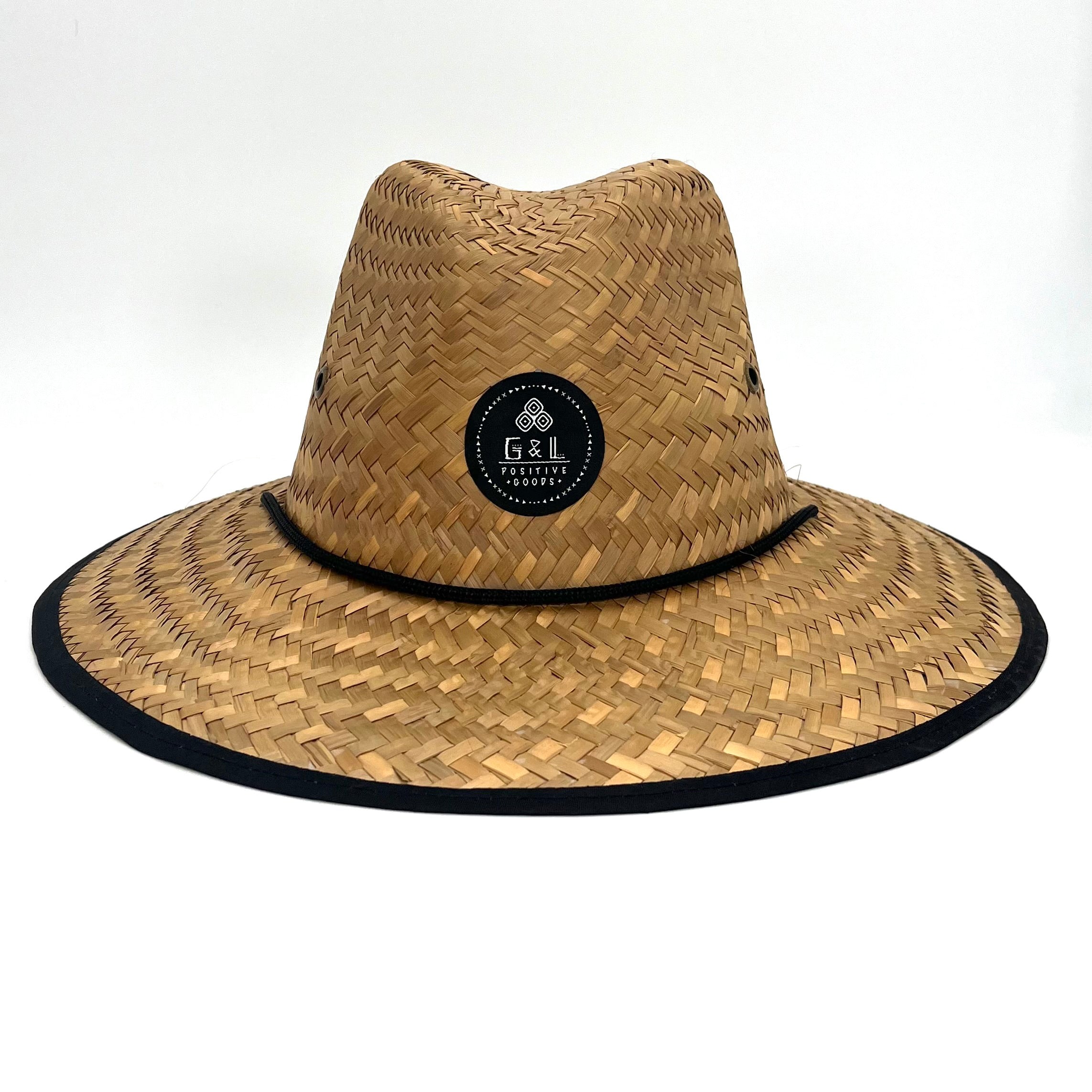 Ozzy Sun Hat front view – natural palm straw lifeguard hat with logo patch