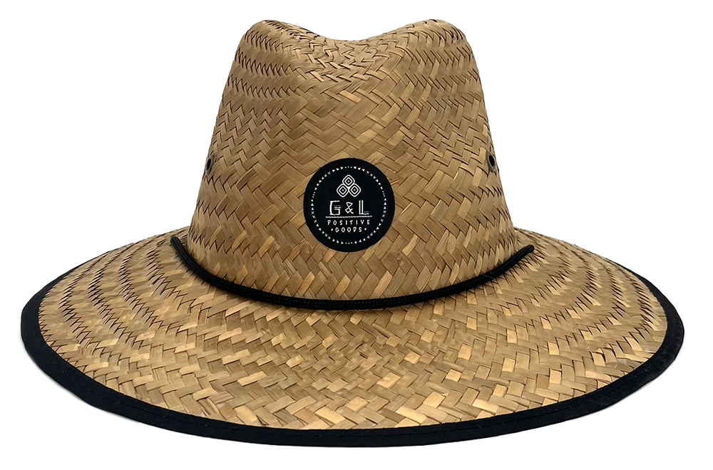 Ozzy Sun Hat front view – natural palm straw lifeguard hat with logo patch