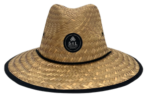 Ozzy Sun Hat front view – natural palm straw lifeguard hat with logo patch