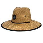Ozzy Sun Hat front view – natural palm straw lifeguard hat with logo patch