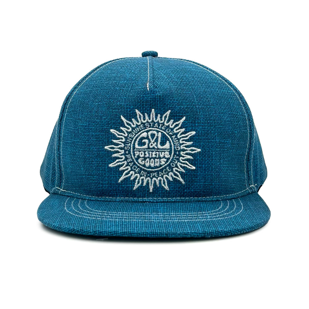 Sunshine State 5 Panel Cap front view – recycled retro summer hat with sun embroidery and UPF protection