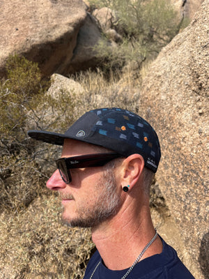 Wanderlust Lines Hat male model wearing breathable fair trade Wanderlust Lines hat