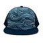 Front view of the Waves Silver Trucker Hat with ocean wave print, breathable mesh back, and adjustable snap closure.