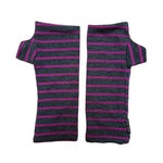 Pair of grey and fuschia striped arm warmers on a white background