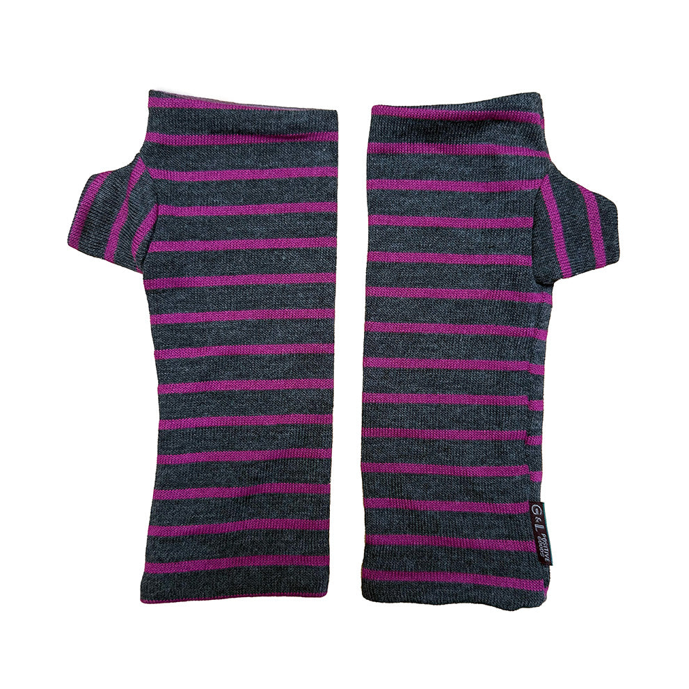 Pair of grey and fuschia striped arm warmers on a white background