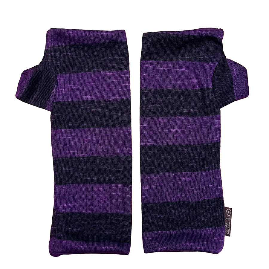 Pair of purple striped arm warmers on a white background