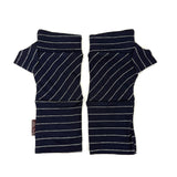 A pair of navy blue knit wrist warmers with thin white diagonal pinstripes, laid flat on a white background.