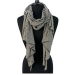 Amber Scarf in day-and-night color way, black and white, front view on mannequin – upcycled cotton blend winter scarf