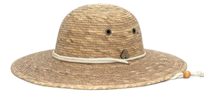 Front view of Anya Palm Straw Sun Hat with wide brim and adjustable chin strap, handmade from sustainable palm straw.