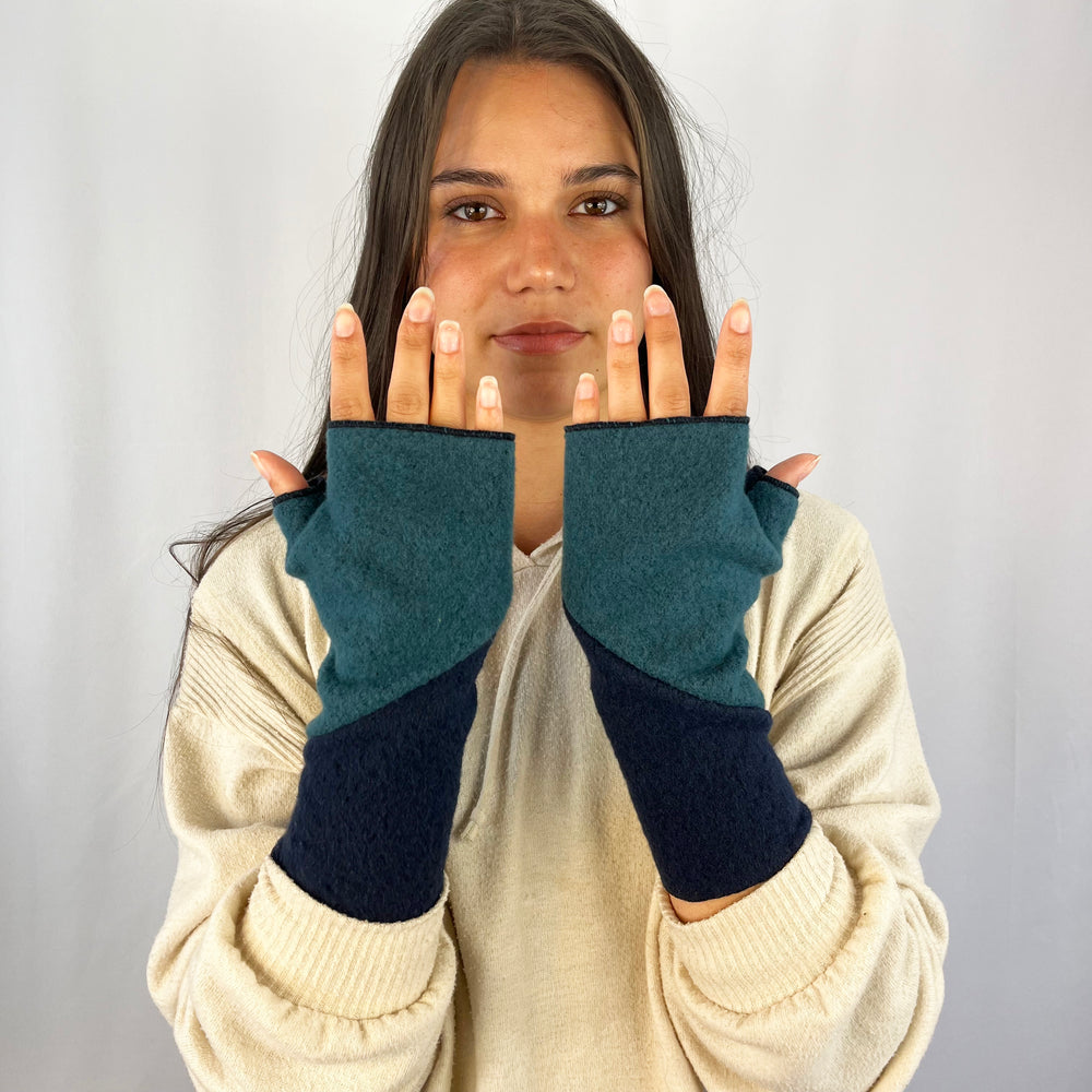 Art Deco Wrist Warmers on female model in pacific teal green color – sustainable recycled hand warmers