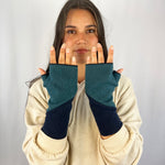 Art Deco Wrist Warmers on female model in pacific teal green color – sustainable recycled hand warmers
