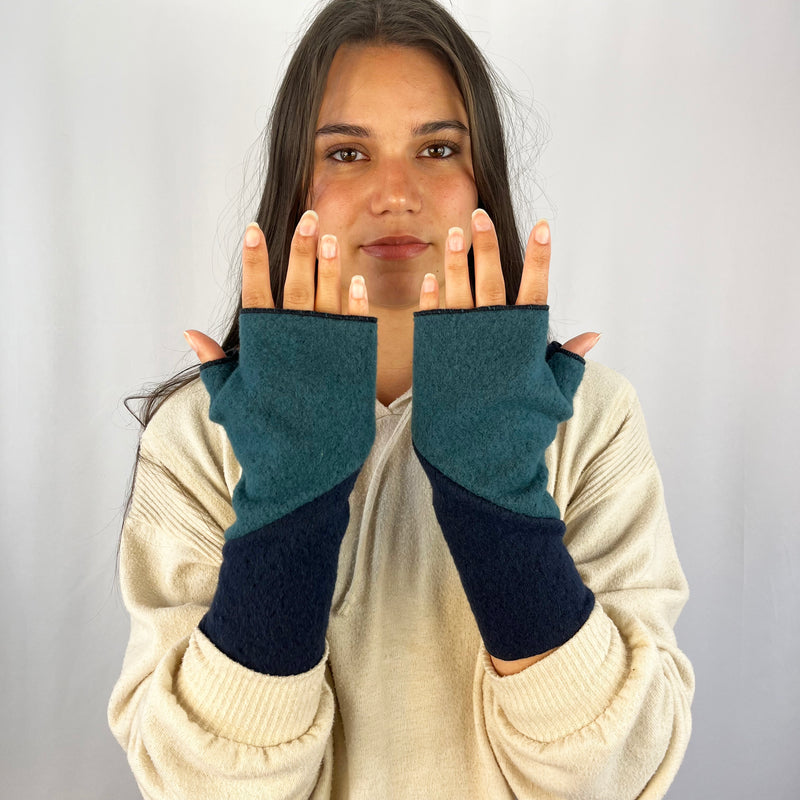 Art Deco Wrist Warmers on female model in pacific teal green color – sustainable recycled hand warmers