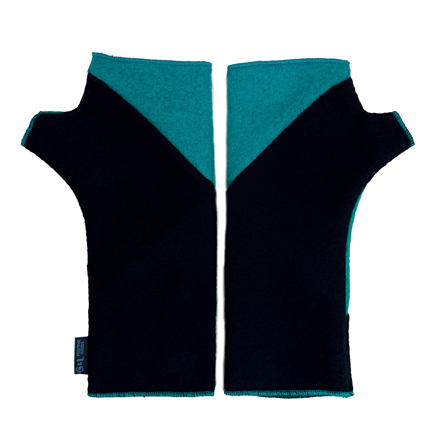 Black fingerless gloves with teal cuffs on a white background