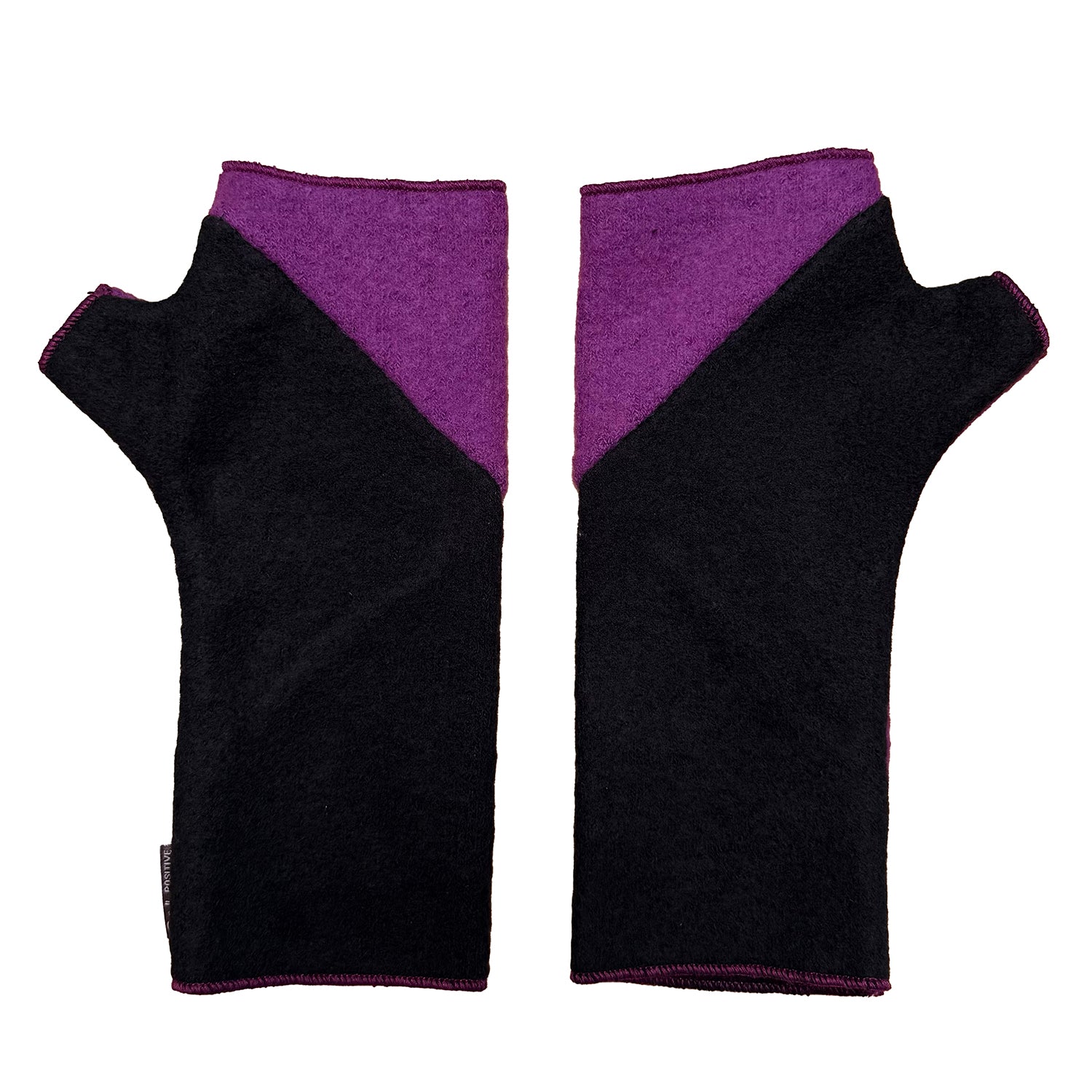 Black fingerless gloves with purple block of color on a white background