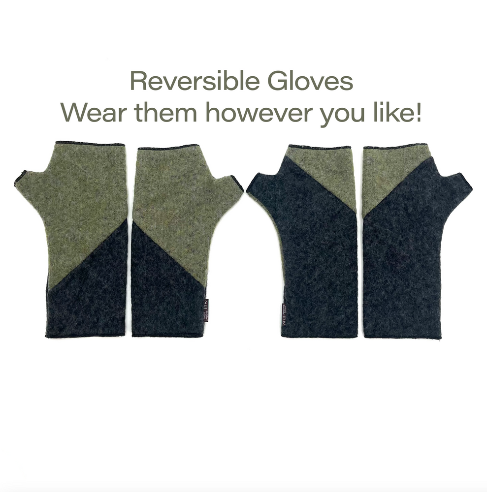 Art Deco reversible Wrist Warmers front view in sage green color – recycled wrist warmers