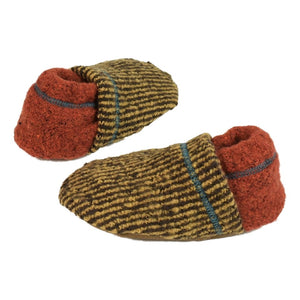 Baby Booties in Cocoa red orange and yellow black stripes – Recycled Cotton Blend, front view
