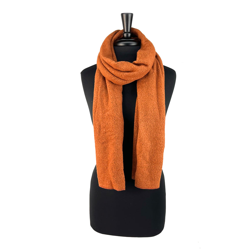 Balsam Scarf nutmeg color front view on mannequin bust– recycled cotton winter scarf