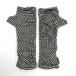 Bizou Wrist Warmers in black and white stripe color way, front view – upcycled jersey fingerless gloves