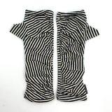 Bizou Wrist Warmers in black and white stripe color way, front view – upcycled jersey fingerless gloves