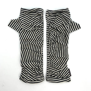 Bizou Wrist Warmers in black and white stripe color way, front view – upcycled jersey fingerless gloves