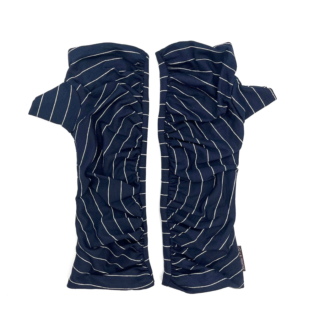 Bizou Wrist Warmers in navy blue and white stripe color way, front view – upcycled jersey fingerless gloves